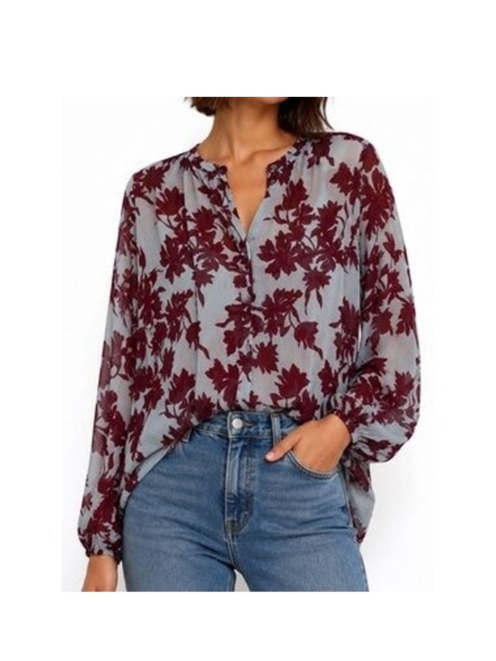 NWT A New Day Romantic Floral Boho Chiffon Semi Sheer Blouse Burgundy Blue Sz XL